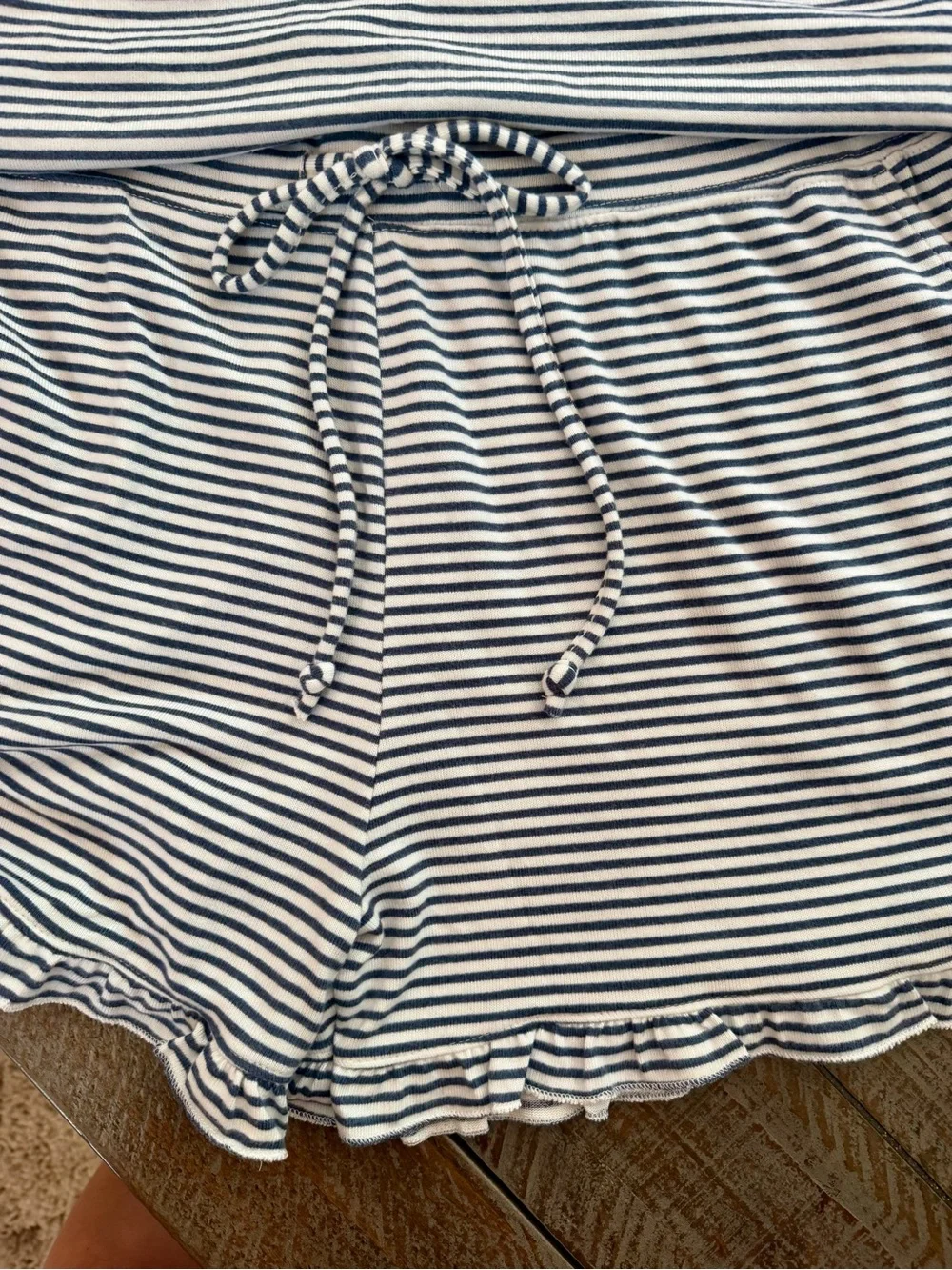 SOFTIES “NEW” Dream Ruffle Striped PJ Top and Shorts Set - Gray/White size L